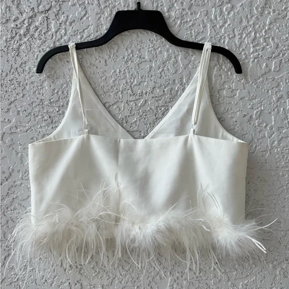 La’ Ros White V-neck Feather Crop Top with crystals Medium - Picture 5 of 13